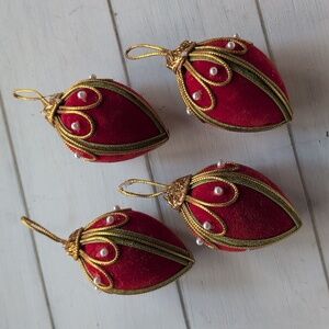 Vintage Ornaments Ornate Push Pin Christmas Egg Teardrop Set Of 4 Red